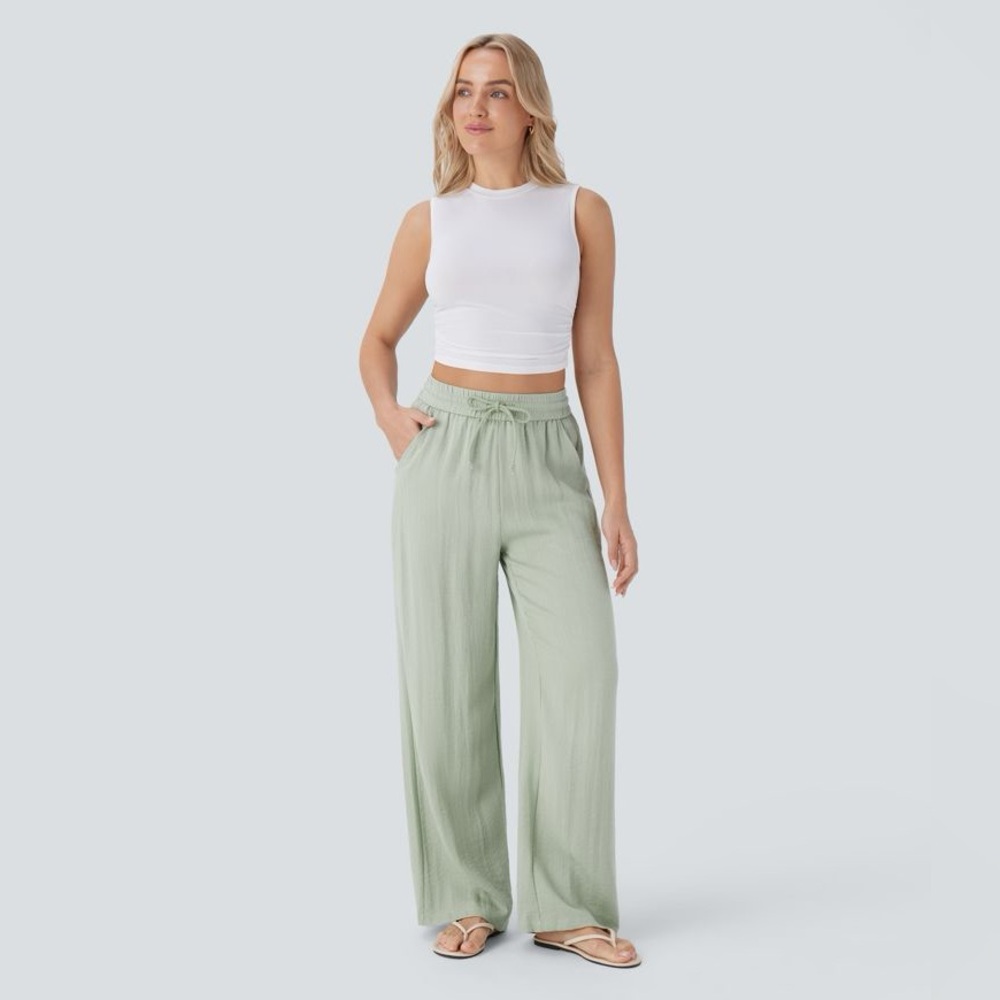 HALARA Linen -Feel Drawstring High Waist Wide-Leg Pale Mint Pants Women’s M
